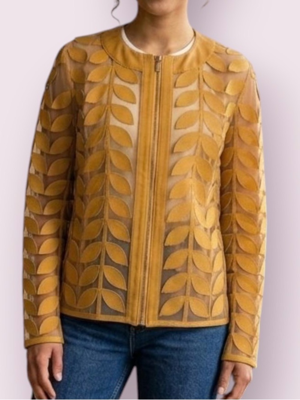 Neiman Marcus The Leather Collection Leaf Appliqué & Mesh Jacket Size XL